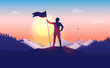 Overcoming challenge. Person holding a raised flag on mountain top. Waving flag, beautiful landscape, mountains in background. Personal goals, Success, leadership, achievement concept. Illustration.