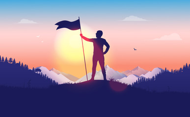 overcoming challenge. person holding a raised flag on mountain top. waving flag, beautiful landscape