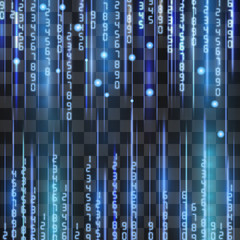 Digital numbers electronic blue flood vector frame, poster. Hi tech system, processed calculations, hacker activity, encrypted information, secret data concept with neon glow on transparent background