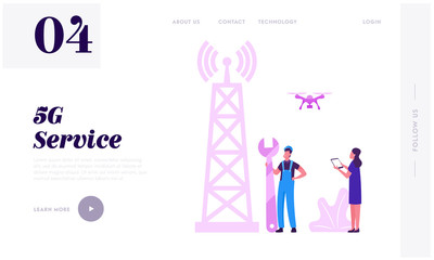 Poster - High- speed Communication Technology Website Landing Page. Worker Installing Equipment for 5G Internet on Transmission Tower. Woman Control Quadcopter Web Page Banner. Cartoon Flat Vector Illustration