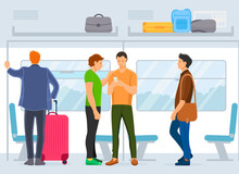 People Standing Inside Subway Transport Metro. Men, Women, Older People And Children In Public Transport. Passenger Train With Carriage Interior, Train Travel Inside Cartoon Vector