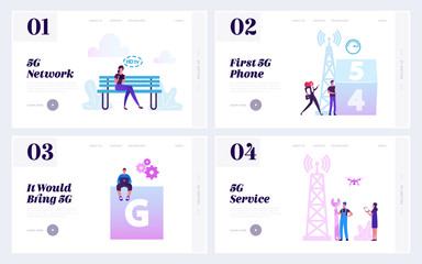 Poster - People Using 5G Technologies Website Landing Page Set. Social Media Networking Services. Men and Women Chatting Texting in Social Network in Internet Web Page Banner. Cartoon Flat Vector Illustration