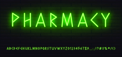 Wall Mural - green neon font greek style. letters, numerals, signs, symbols and icons for advertising and web design