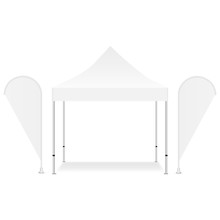 Blank Square Canopy Tent With Two Promotional Flags Isolated On White Background. Vector Illustration