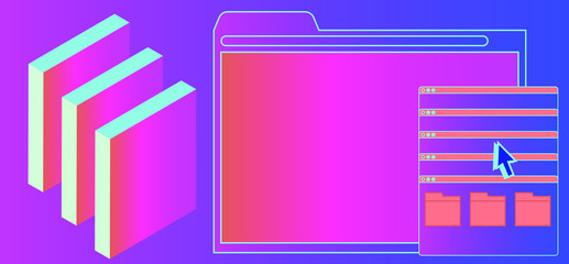Poster - Abstract technology background with user interface elements: browser window and folders. Retrofuturistic vaporwave style illustration in vibrant neon colors.