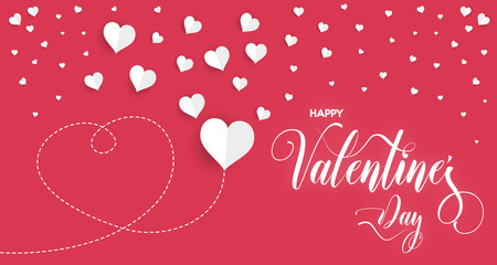 Poster - Happy Valentines Day poster with white paper hearts, isolated on red background.