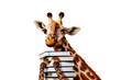 Happy giraffe with stack of books close view,