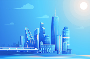 urban landscape, city skyline and bridge. daytime city scape in flat design. vector illustration