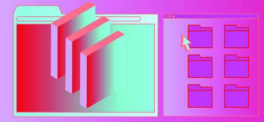 Poster - Abstract technology background with user interface elements: browser window and folders. Retrofuturistic vaporwave style illustration in vibrant neon colors.