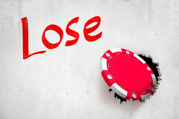 Poster - 3d close-up rendering of white wall with title 'Lose', hole and red casino chip in this hole.