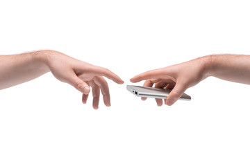 Two male hands passing one another a power bank on white background