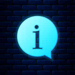 Poster - Glowing neon Information icon isolated on brick wall background. Vector Illustration