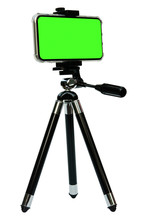 Smart Phone Of Green Screen On Tripod Isolated On White Background With Clipping Path.
