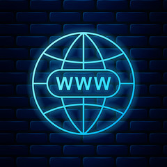 Poster - Glowing neon Go To Web icon isolated on brick wall background. Www icon. Website pictogram. World wide web symbol. Internet symbol for your web site design, app, UI. Vector Illustration