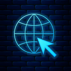 Poster - Glowing neon Go To Web icon isolated on brick wall background. Globe and cursor. Website pictogram. World wide web symbol. Vector Illustration