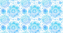 Watercolor Style Blue Vintage Mandala Flowers Vector Seamless Pattern On White Background
