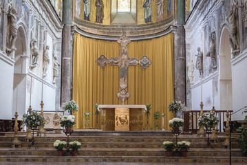 Poster - Main altar of cathedral located on the Old Town of Cefalu city on Sicily Island in Italy