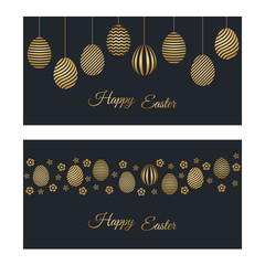 Two Happy Easter holiday gold colored banners