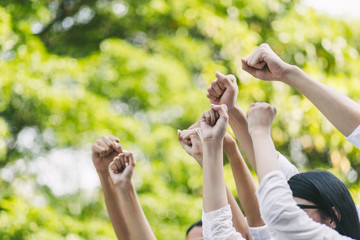 Teamwork business join hand together concept, Business team standing hands together, Volunteer charity work. People joining for cooperation success business.