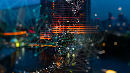 Fototapete - Wireless network and Connection technology concept with Abstract buildings and city background