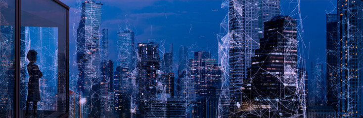 Fototapete - Silhouette of smart woman looking  for Connection technology concept with Abstract Bangkok city background