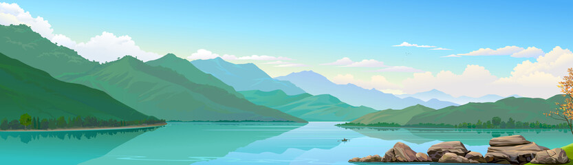 Wall Mural - a freshwater lake, mountains and a group of rocks