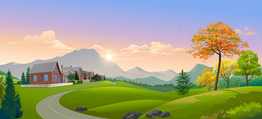 Wall Mural - a little european town near the meadows and the sunset
