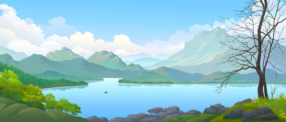 Wall Mural - River landscape with mountains and skies