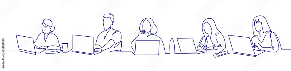 Group of people working continuous one line vector drawing. Students preparing to exams, doing homework hand drawn characters. - obrazy, fototapety, plakaty 