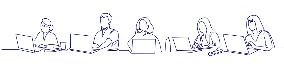 Leinwandbilder - Group of people working continuous one line vector drawing. Students preparing to exams, doing homework hand drawn characters.