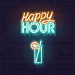 © Vladimir Golovanov - Neon happy hour signage. Glowing typography with alcohol drink glass on brick wall background. Isolated text for any dark background. Square illustration for social network post.