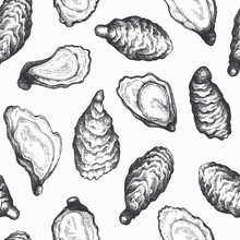 Oysters Seamless Pattern. Hand Drawn Vector Seafood Illustration. Engraved Style Mollusks. Retro Food Background