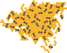 Vector Image Of The Outline Of The Continents And Continents In The Form Of Honeycombs. The Concept Of Development In Different Areas Within The Country. Europe. Asia. Eurasia