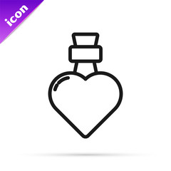 Black line Bottle with love potion icon isolated on white background. Valentines day symbol.  Vector Illustration