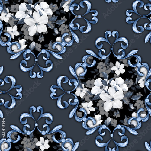 Seamless pattern with curls and flowers. Baroque background