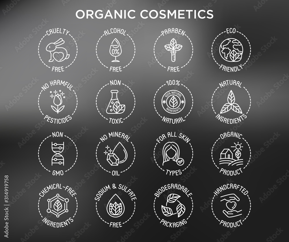 Organic cosmetics set of thin line icons for product packaging. Cruelty ...