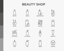 Beauty Shop Thin Line Icons Set: Skin Care, Cream, Gel, Organic Cosmetics, Make Up, Soap Dispenser, Nail Care, Beauty Box, Deodorant, Face Oil, Scrub, Shampoo, Sheet Mask. Modern Vector Illustration.