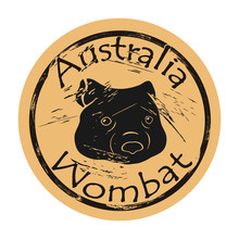 Wombat Profile Head Silhouette Icon Vector Round Shabby Emblem Design, Old Retro Style. Australian Animal Logo Mail Stamp On Craft Paper. Realistic Wombat Design Shape Vintage Grunge Sign.