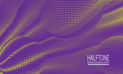 Wall Mural - Halftone background design with yellow purple curved space abstraction. Futuristic printing raster of spheres.