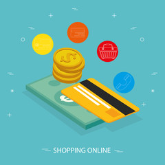 Poster - online store with credit card and icon