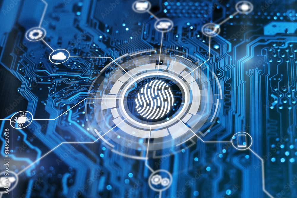Fingerprint login authorization and cyber security concept. Blue integrated circuit with futuristic icons on background. Control access and authentication online. - obrazy, fototapety, plakaty 