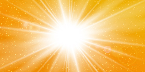 Wall Mural - Rays yellow background. Gold sunny sky. Heat sunburs, hot weather. Sunshine orange sky. White warm sunlight. Bright golden solar sunrise, summer template. Lens optic effect. Vector illustration