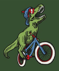 T-rex riding bicycle - funny dinosaur character vector illustration.