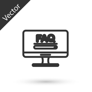 Grey line Computer monitor with text FAQ information icon isolated on white background. Frequently asked questions. Vector Illustration