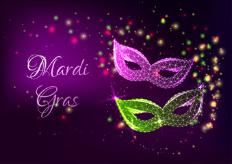 Wall Mural - Futuristic Mardi Gras web banner with glowing low polygonal masquerade masks.