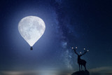 Fototapeta Na sufit - Hirsch steht vor einem Mond mit der Form eines Ballon. Hintergrund Milchstraße