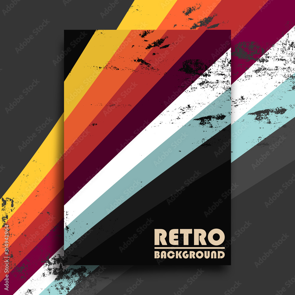 Retro design poster with vintage grunge texture and colorful stripes. Vector illustration - obrazy, fototapety, plakaty 