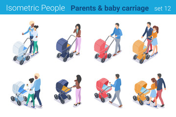 Wall Mural - Isometric People Parents with Baby Carriage flat vector Family collection.