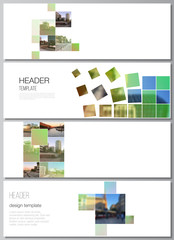 Vector layout of headers, banner design templates for website footer design, horizontal flyer design, website header backgrounds. Abstract project with clipping mask green squares for your photo.