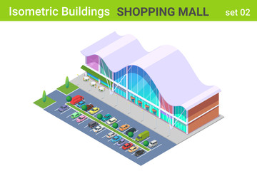 Poster - Isometric Shopping Mall Center Building with Cars on Parking flat vector collection.